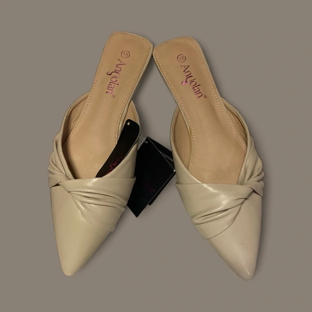 Women's Casual Fashion Cream Twist Mules Size 10 Pointed Toe Slide On Low Heel - Picture 2 of 10